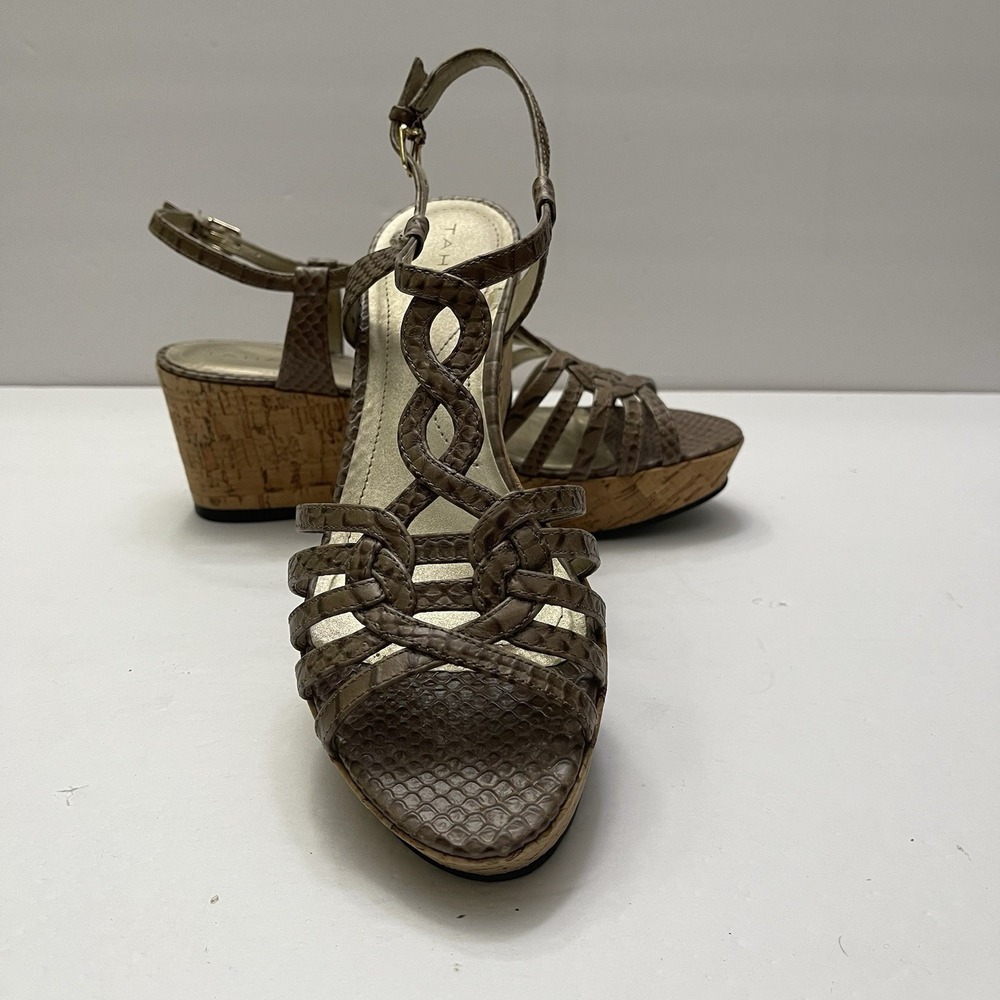 Tahari Star Cork Wedge Platform Tan Snakeskin Sandal Women's 8 M Shoes Open Toe